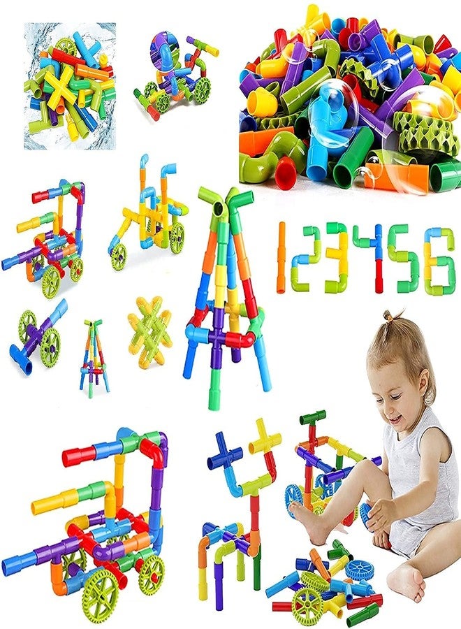 AEXONIZ TOYS مجموعة مكعبات بناء ملونة للأطفال من AEXONIZ TOYS - مكعبات بناء أنابيب بلاستيكية بعجلات، ألعاب بناء إبداعية وذكية وممتعة وتعليمية، مجموعة هدايا للأطفال (85 قطعة) - Image 1